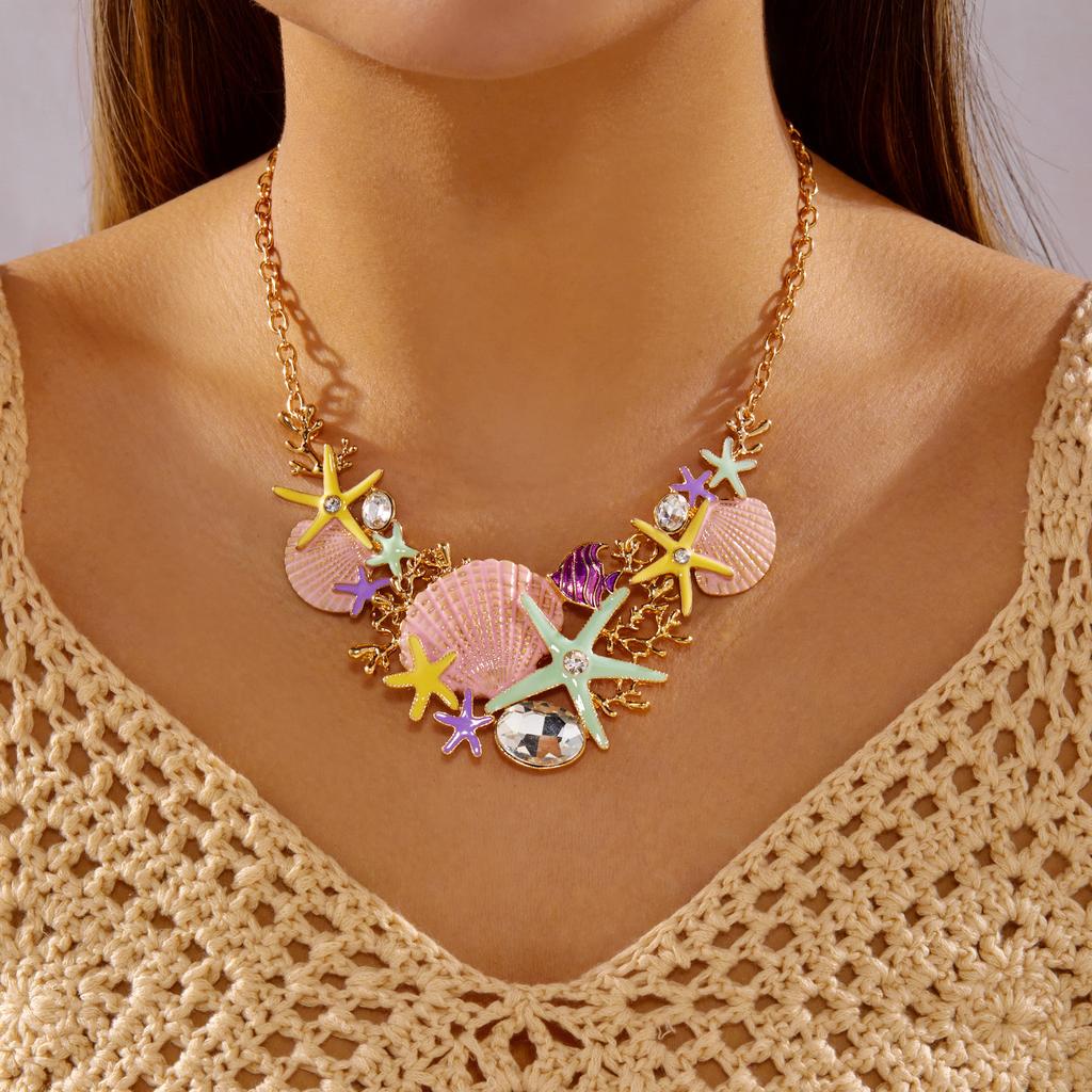 Dopamine Starfish Shell Coral Diamond-Encrusted Necklace Beach Vacation Style Accessory Women's Fashion Trend Gift
