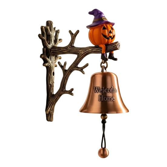 Halloween Witchy Pumpkin Welcome Bell Spooky Cartoon Witch Hat Pumpkin Metal Door Bell Home Office Entrance Wall Decorative Bell