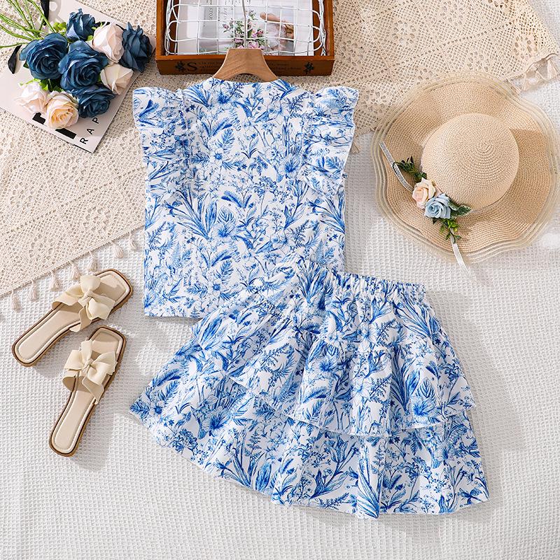 Girls' Fashionable Blue Outfit - Summer Children's Sweet Floral Top and Skirt Set