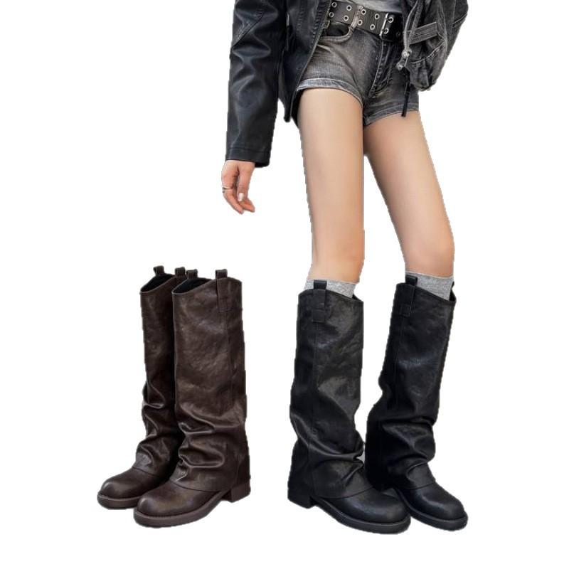 European and American round head thick-soled Martin boots non-slip soft-soled leather large-size women's boots thigh circumference high boots aut