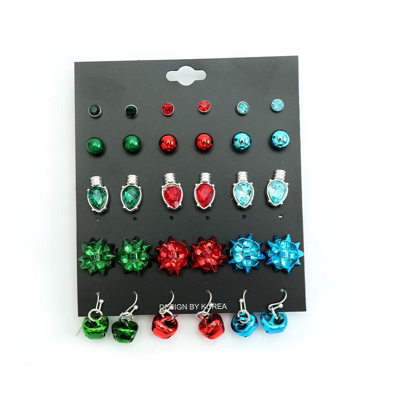 Christmas Stud Earrings Combination Set, Car Cup C Candle Metal Flower Bell Personalized Earrings Set