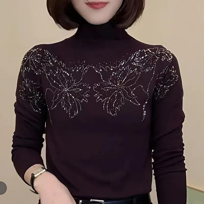 Autumn Winter New Heavy Industry Hot Diamond Half Turtleneck Thin Velvet Loose Long-sleeved Bottoming Shirt Top