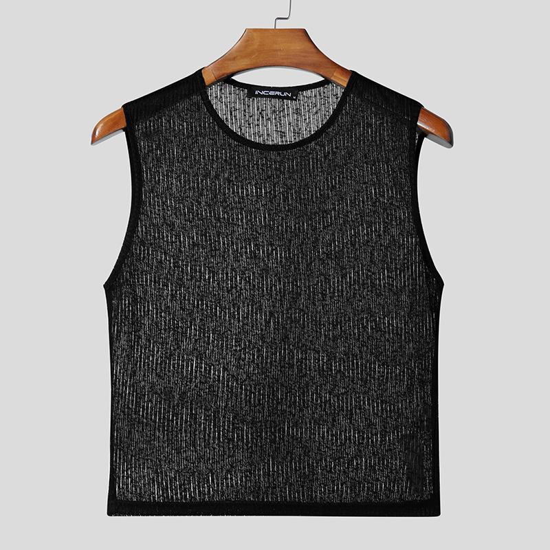 

INCERUN Mens Summer Sleeveless Mesh Sheer See Through Short Tank Tops L чёрный