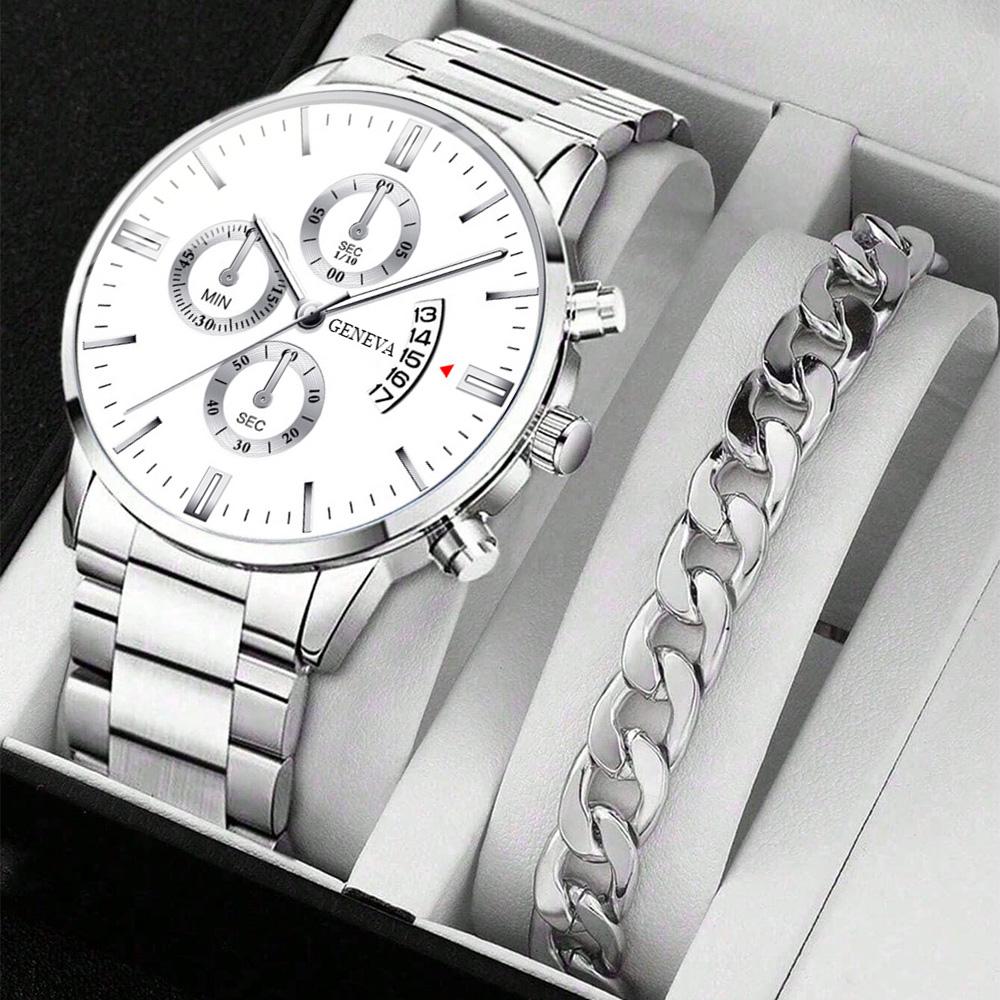 2pcs/Set FashionabAAle Men Bracelet Calendar Watch Business Casual Stainless Steel Quartz Watch As A Gift for Students Returning To School