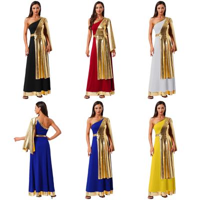Womens Ancient Greek Tunic Dress One Shoulder Drape Sleeveless Metallic Shiny Layer Toga Halloween Costume
