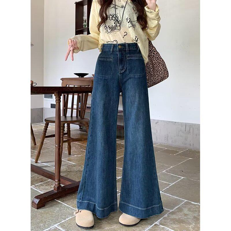 

Осенняя мода 2025: Женские джинсы деним люкс с высокой посадкой и широкими штанинами S синий