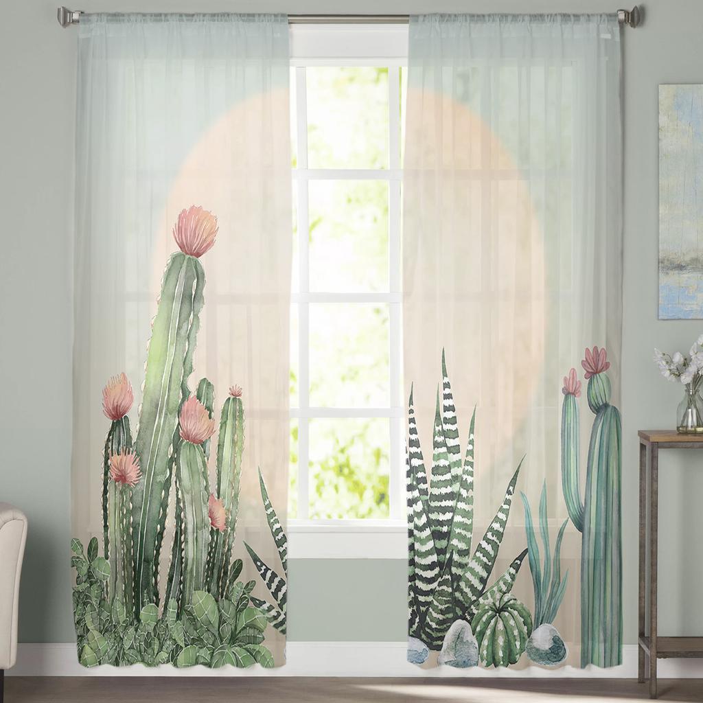 Tropical Plant Cactus Sun Window Treatment Tulle Modern Sheer Curtains for Kitchen Living Room the Bedroom Curtains Decoration