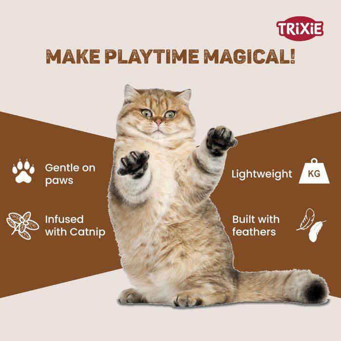 Canne à jouer pour chat - TRIXIE - Balle en peluche - Herbe à chat - Plumes flottantes - 46 cm - Gris - Jouet interactif