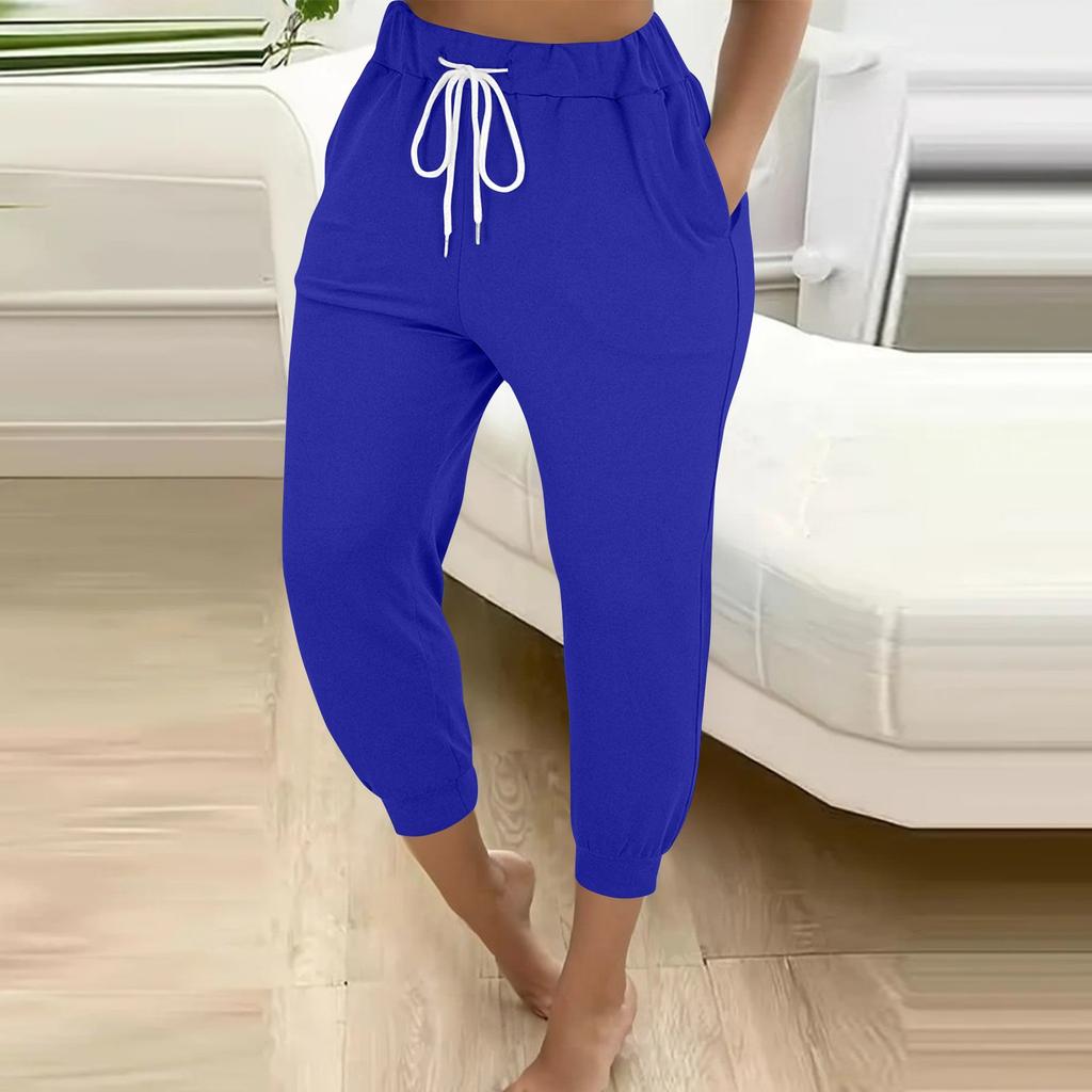 Women's Solid Color Loose Slimming Running Fitness Pants High Waist Lace-up Small Foot Pocket Nine-inch Pant