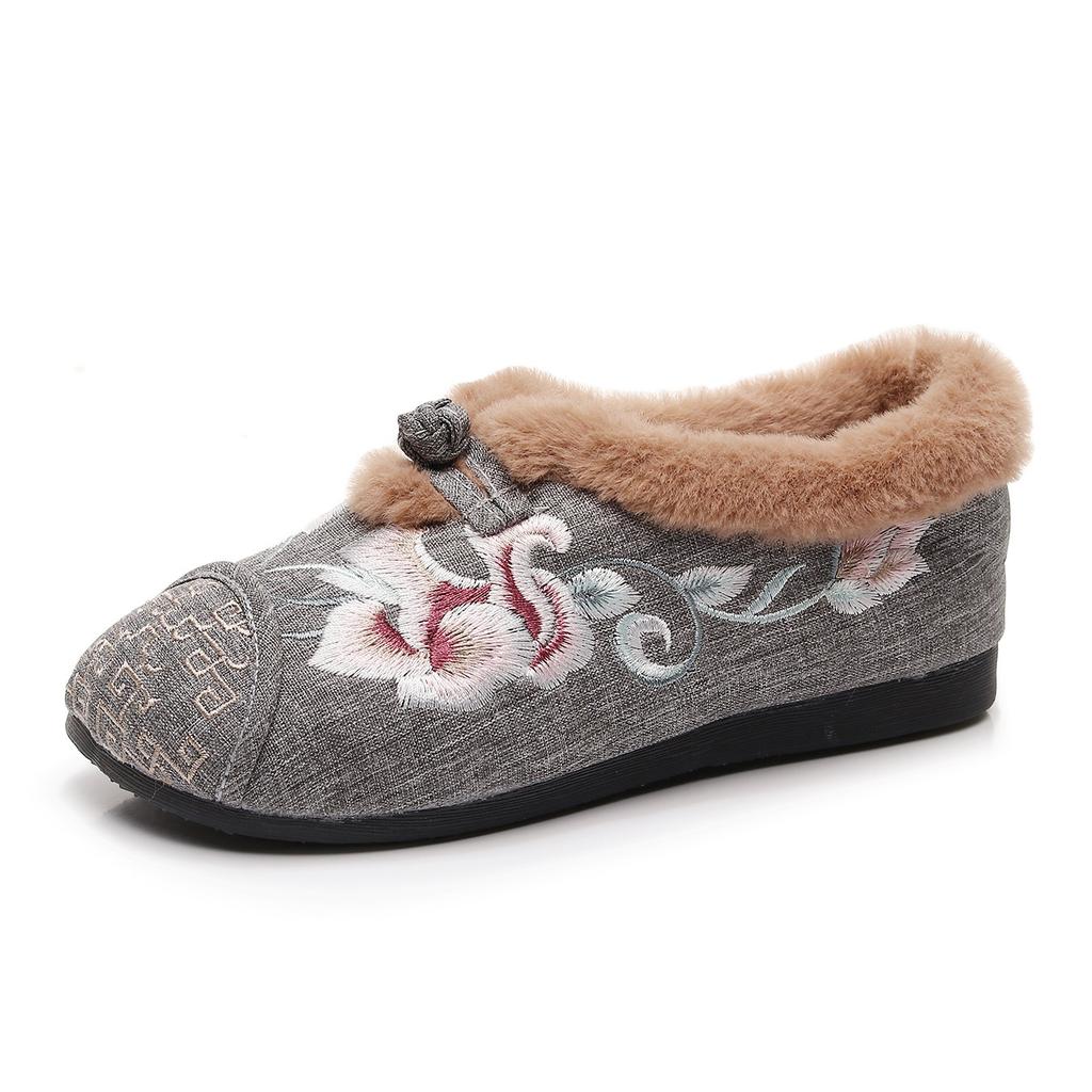 [Yayun] 2024 Winter Velvet Piping Fashion Round Head Embroidered Cloth Shoes Autumn and Winter One-pedal Cotton Women's Shoes
