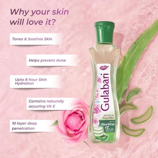 Dabur Gulabari Premium Rose Water with Aloe Vera - 400 Ml | Upto 8 HR Skin Hydration | Cleanses, Tones and Moisturises Skin | For All Skin Types