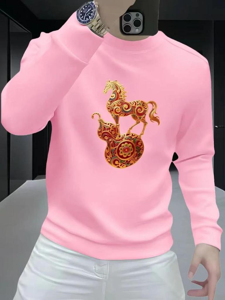 Men's Heavyweight American Style Round Neck Sweatshirt - Spring/Autumn, Long Sleeve, Loose Fit, Plus Velvet for Extra Warmth