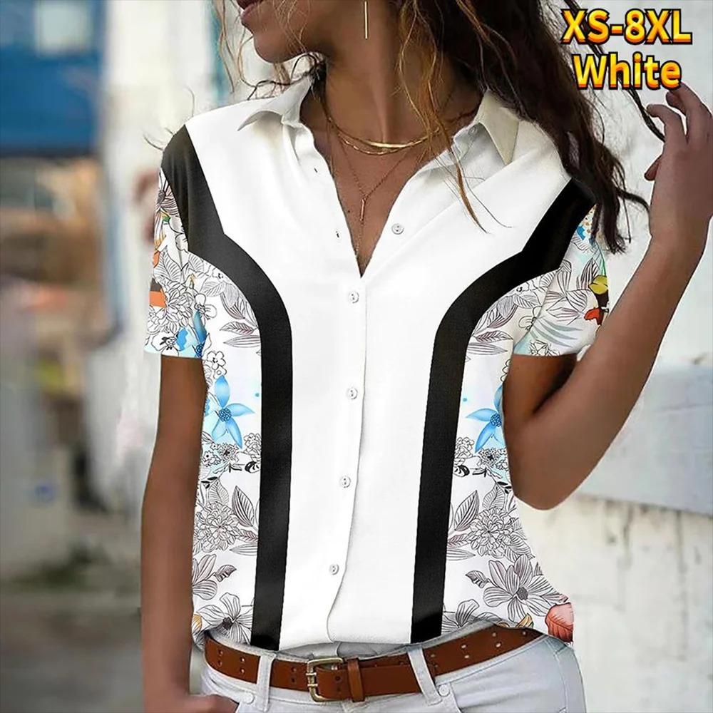 Elegant Women's Short Sleeve Shirts Casual Block Plaid 3D Printed Fashion Turndown Collar Basic Shirts Office Ladies Tops Blouse
