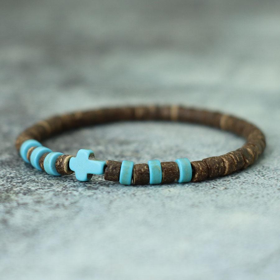 

Minimalist Cross Bracelet Unisex Natural Coconut Husk Strand Braslet Bohemia Blue Howlite Stone Braclet Leisure Accessories Gift