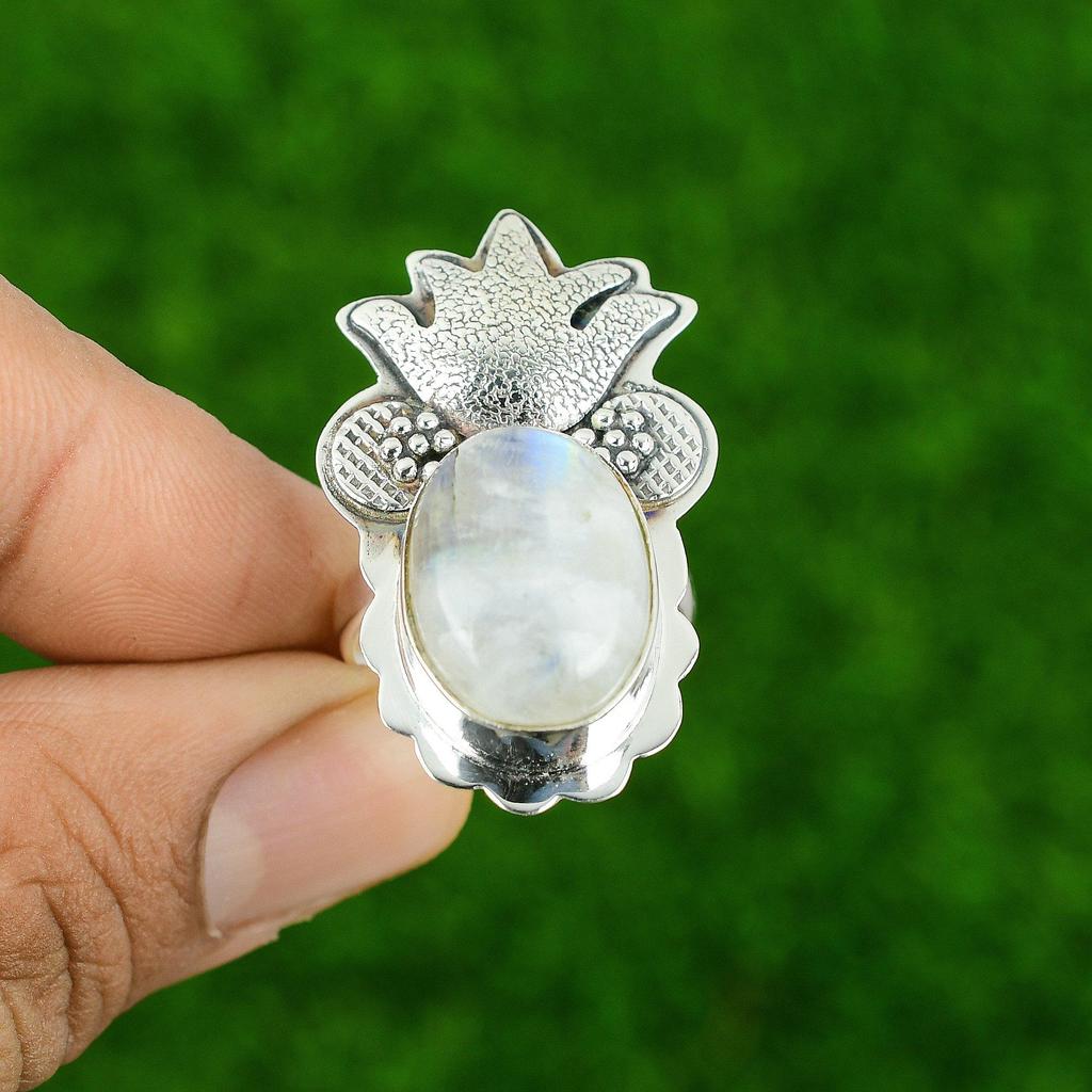 Crown Chakra Rainbow Moonstone Stone Statement Promise Ring Jewelry 925 Silver