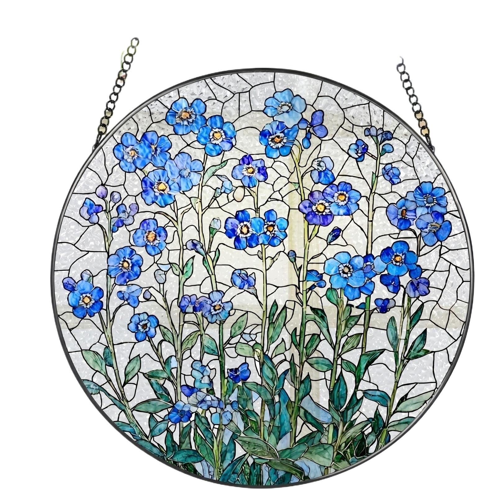

Acrylic Flat Sun Catcher with Floral Pattern Hanging Decoration for Window or Indoor Display Round Shape with Metal Chain One Size синій