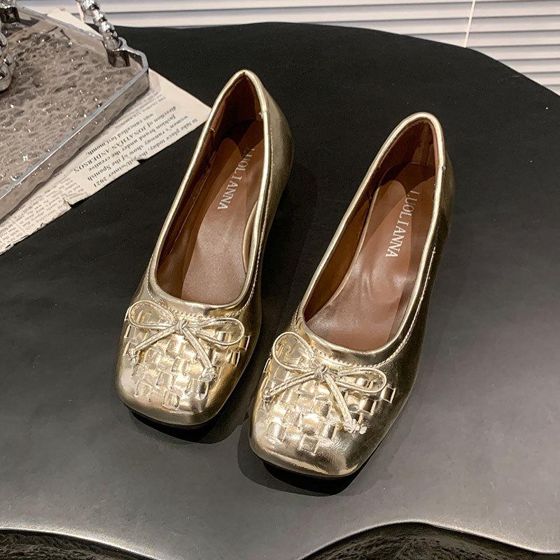 French Silver Single Shoes Autumn New High-end Square Head Soft Sole Light Mouth Small Leather Shoes Flat Sole