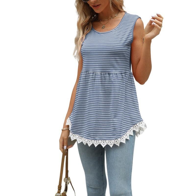 

Летняя женская майка в полоску из кружева в стиле пэчворк, комфортный жилет для отдыха, топ XXL синий