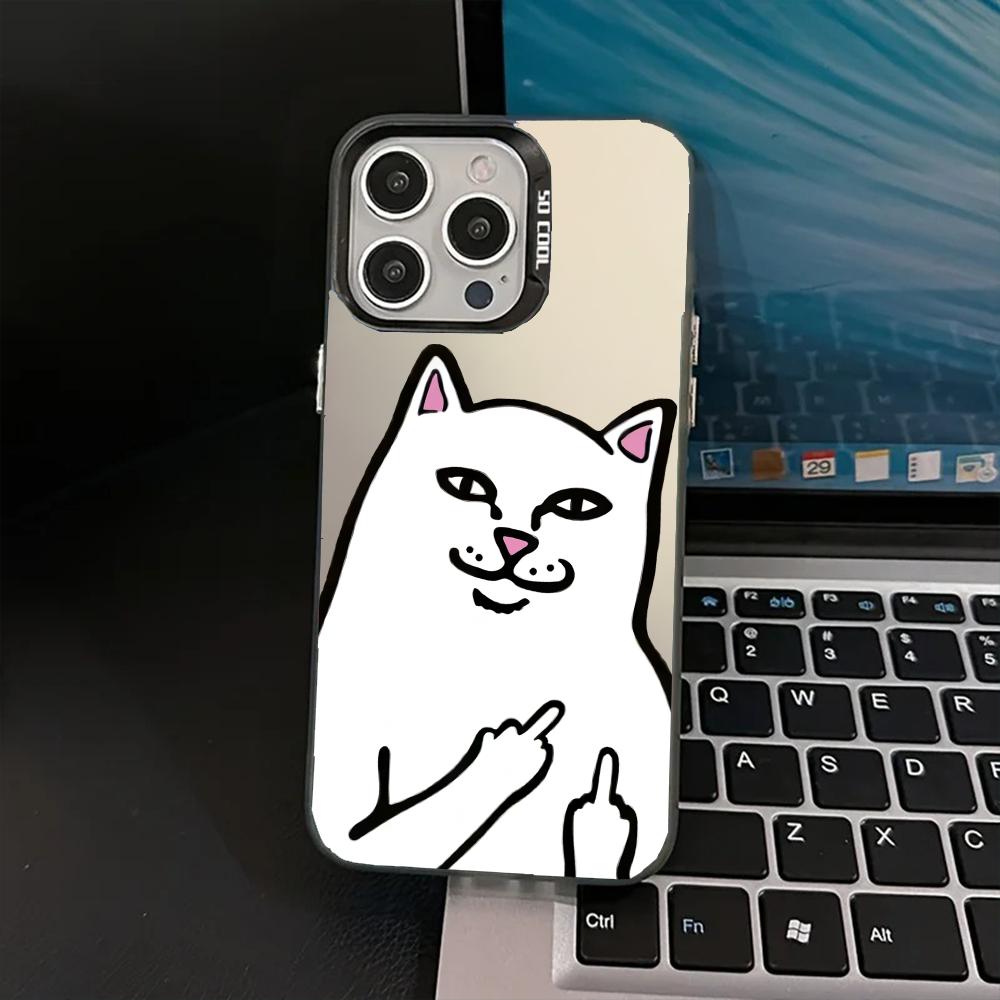 One-Finger Salute White Cat Pattern Phone Case For iPhone 17 16 15 13 12 11 ProMax Pro Plus Full Protection Funda Phone Case