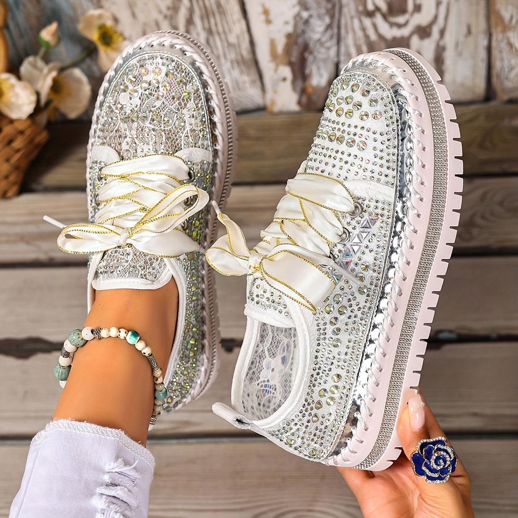 Size 35-44 Fashionable, Versatile, Elegant, Comfortable Lace-Up Chunky Sole Sequined Studded Sneakers