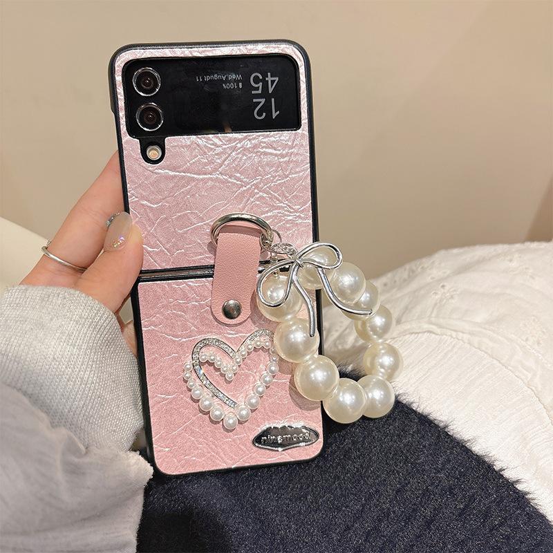 Pearl Water Diamond Love Phone Case for Samsung ZFold6 Flip Fold Flip 4 Handchain P50pocket