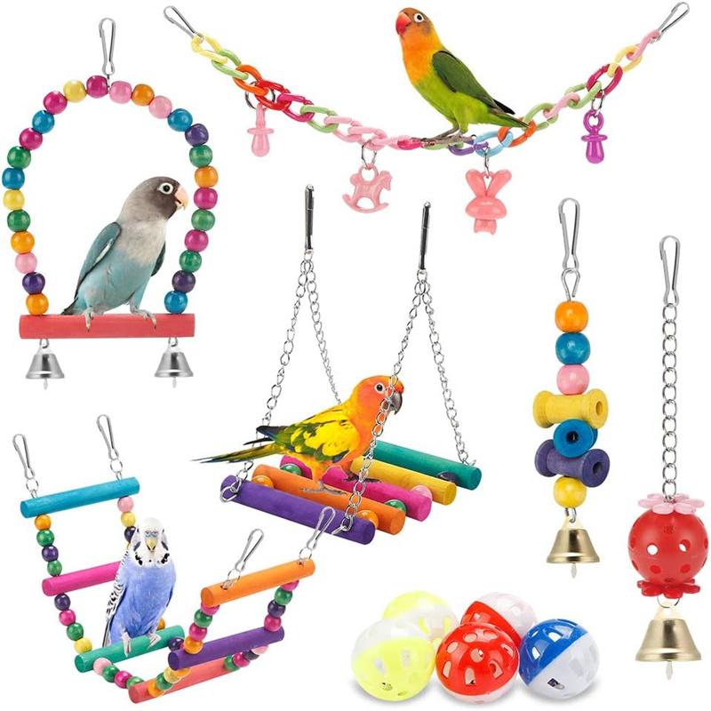 Bird Parakeet Toys 1 Set Of 11Pc Swing Hanging Standing Chewing Toy Hammock Climbing Ladder Bird Cage Colorful Toys