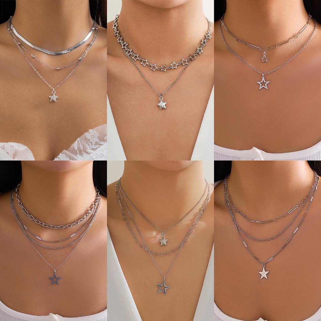 Personalized Fashion Star Necklace Set, Sweet Cool Thin Chain Metal Necklace Neck Chain