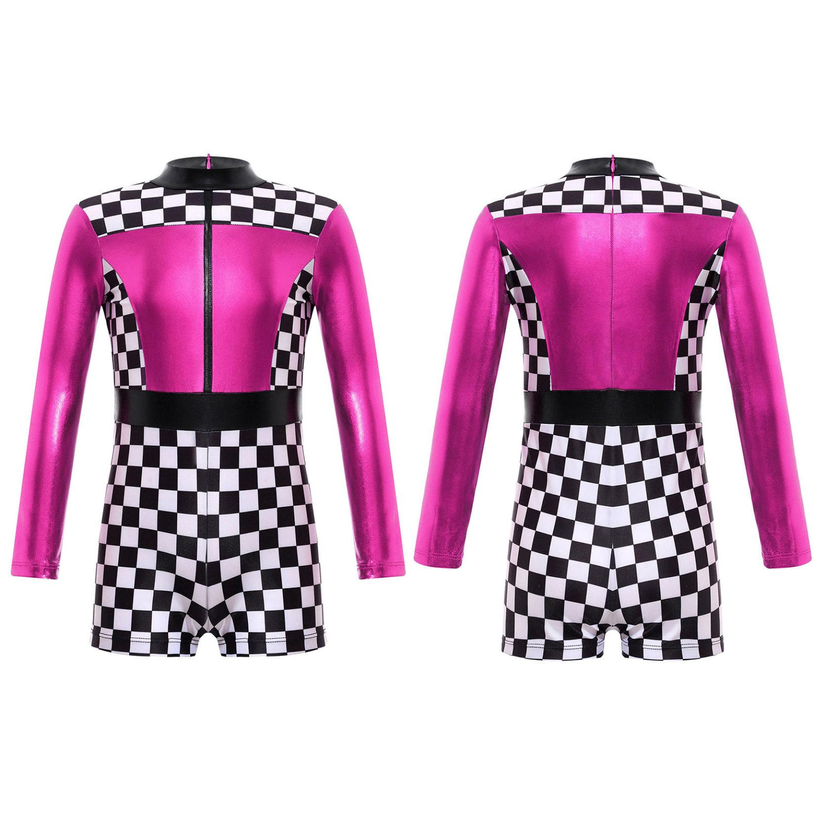 

Костюм гонщика для девочек, костюм гонщика с длинными рукавами и клетчатым принтом, цветной блок, лоскутный короткий комбинезон на молнии сзади, карнавальный костюм 5-6 Years горячий розовый