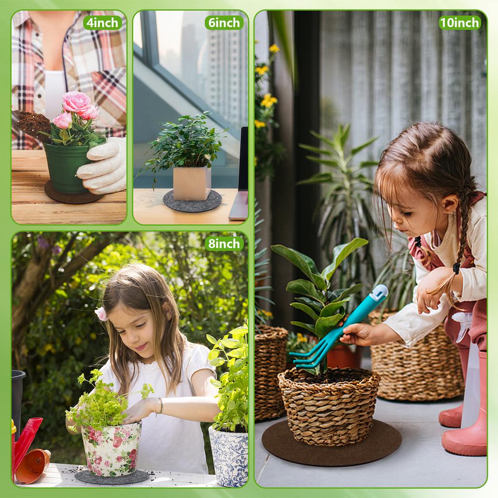 16 stk Plantebrikke Matte 4/6/8/10 Tommer Filt Plantefat Reversibel Rund Stoff Planteunderlagsmatte Absorberende Blomsterpotte Brikke Matter