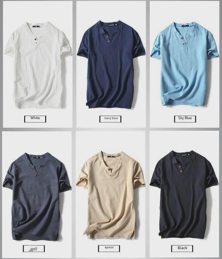 Tricou de in cu gât în V, cu croială largă pentru bărbați – Mâneci scurte, Culoare uni, Mărime mare