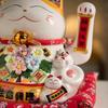 14 Inch Large Ceramic Lucky Cat Ornament Waving Arm Beckoning Cat USB Powered Hand-made Flower Desktop Decoration Fortune Cat
