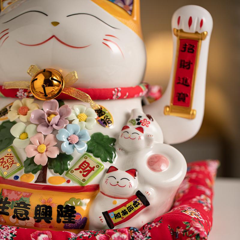 14 Inch Large Ceramic Lucky Cat Ornament Waving Arm Beckoning Cat USB Powered Hand-made Flower Desktop Decoration Fortune Cat