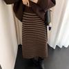 Women's Gray Retro Striped Knit Midi Skirt - Winter Korean Style Slimming Bodycon Casual Skirt