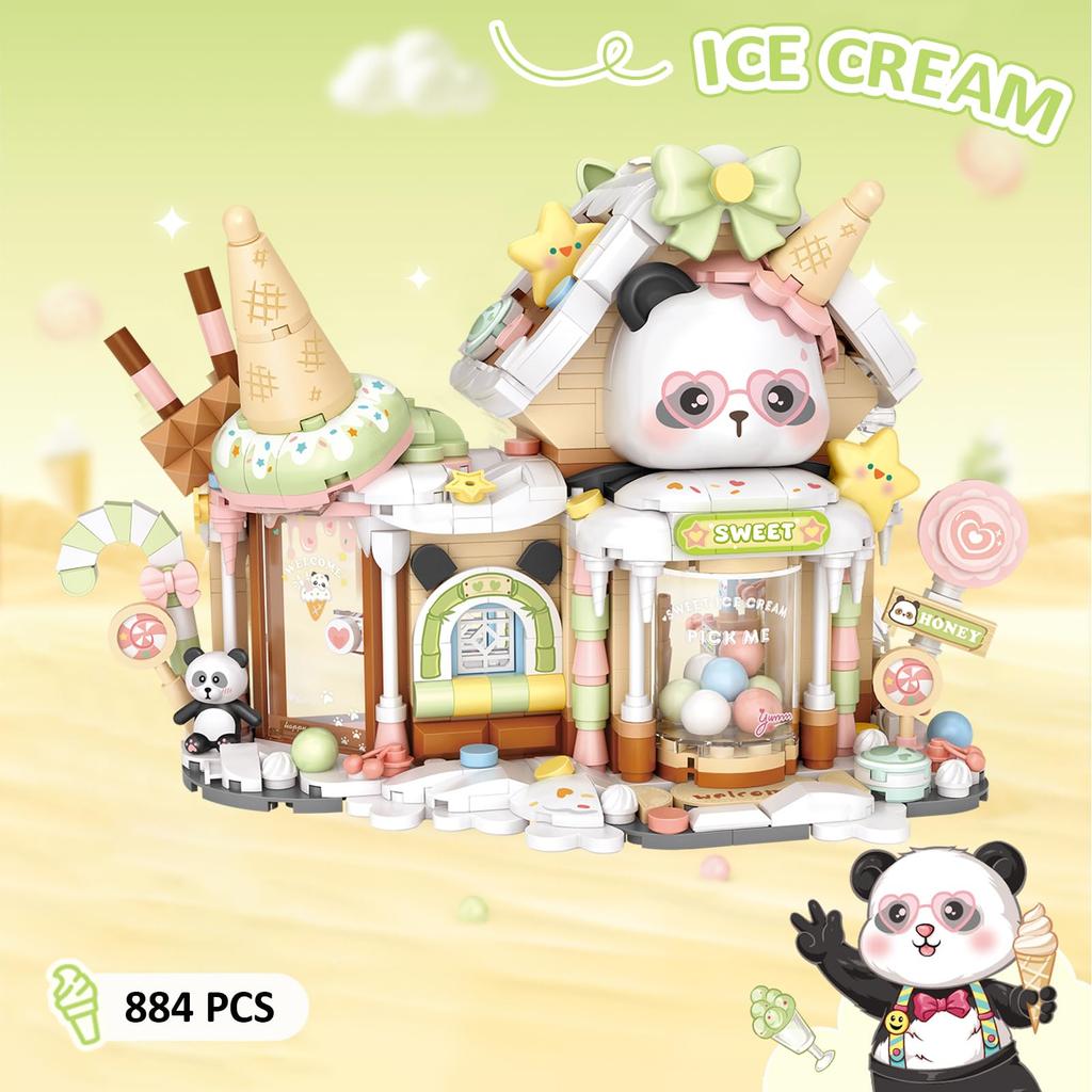 MEIEST Bloc de Construction Magasin de Glaces Panda, Ensemble de Blocs de Construction Magasin Mini Ville Rue Panoramique Jouet de Construction à Particules, Décoration de Maison
