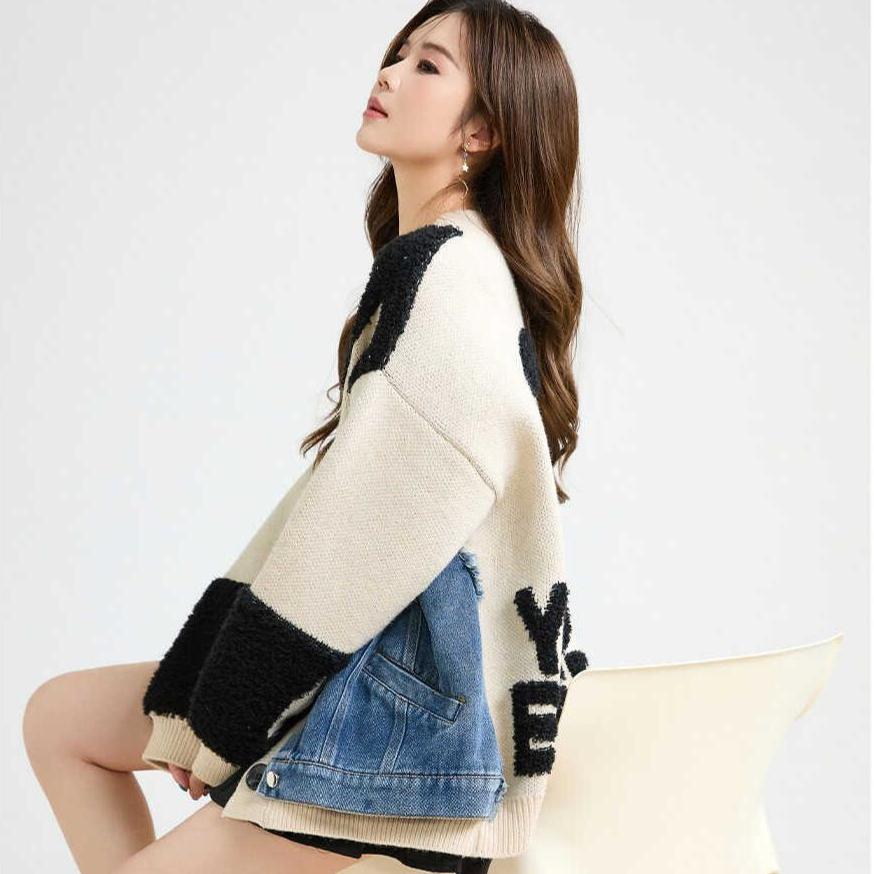Dimanaf 2025 Autumn New Jacket Women Letter Print Sweaters Coat Patchwork Wadded Coat Cardigan Knitting Pockets Fake Two-Piece Sweater
