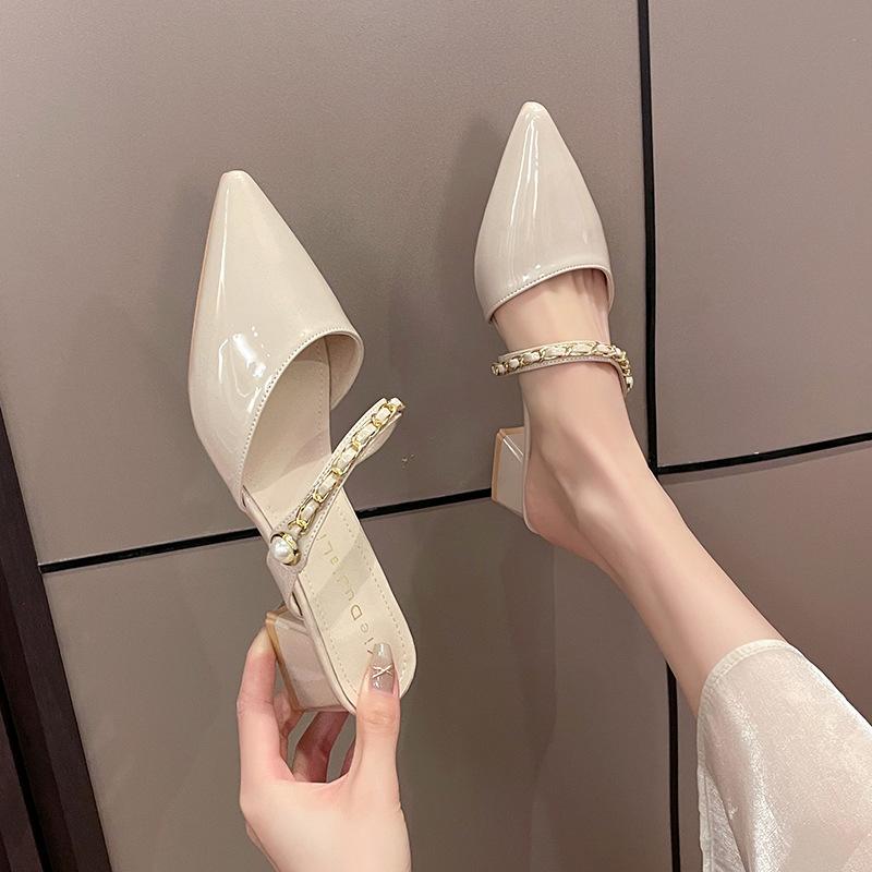 Baotou half slippers outer wear 2 summer new elegant sandals high heel pointed thick heel cool slippers women 35 абрикосовый