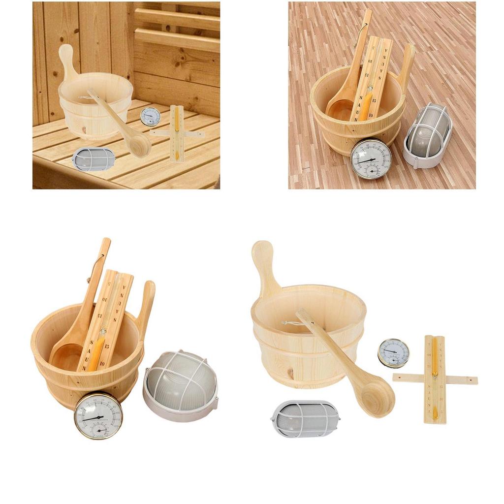 Pacchetto Accessori Sauna Deluxe: Secchio di Legno, Termometro e Collezione di Vasi Floreali per la Casa