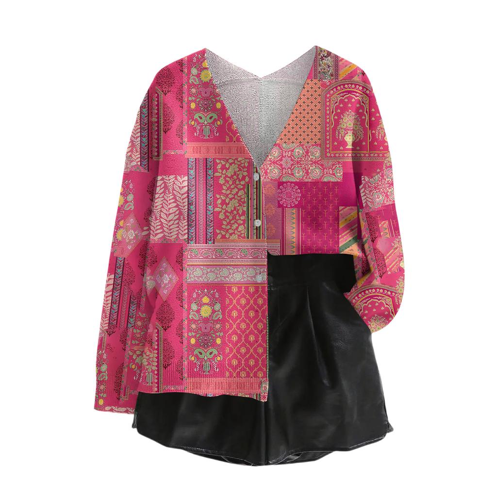 Women's V Neck Top Printing Thickened Plush Cashmere Warm Long Top