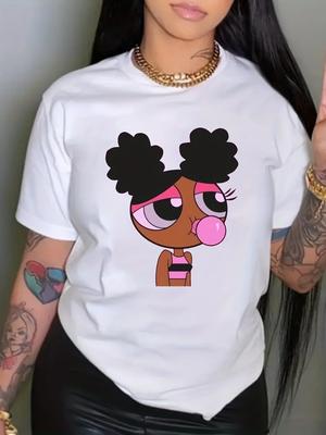 Cartoon Print Crew Neck T-shirt, Casual Top met Korte Mouwen voor Lente & Zomer, Dameskleding