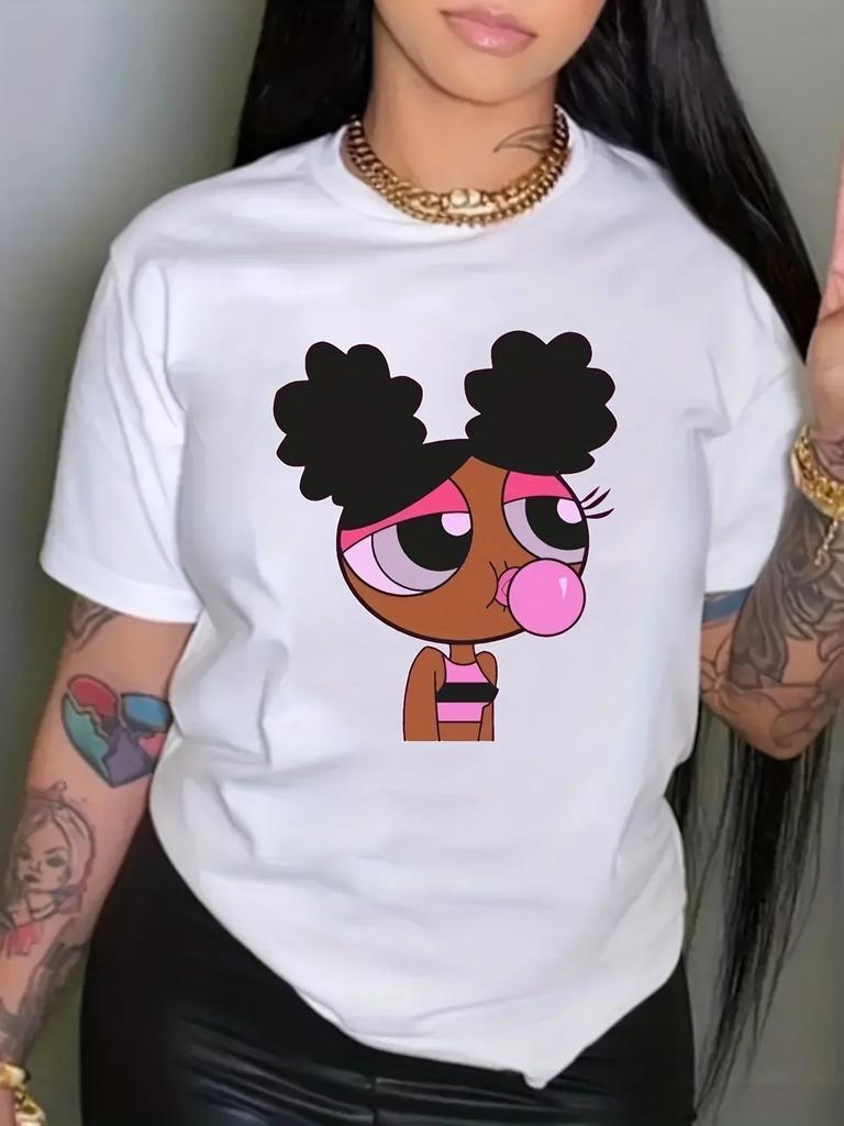 T-shirt z nadrukiem kreskówkowym, casualowy top z krótkim rękawem na wiosnę i lato, odzież damska