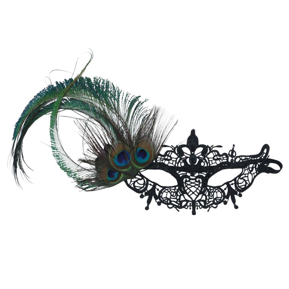 Elegant Half Face Mask Feather Accent Phantom Mask Peacock Feather Mask  Costume Party чёрный