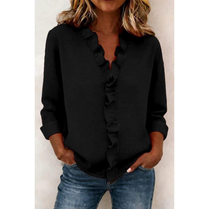 Blusa de Mujer de Aspecto Lino Manga 3/4 Casual Cuello en V Adorno de Volantes Camisa de Botones