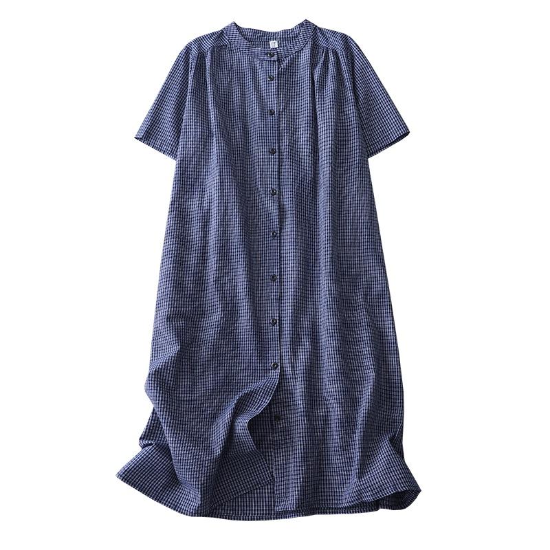 2025 Sommer neu Baumwolle und Leinen Karobluse Rock mittel und lang lässig locker gestapeltes Kleid Damen