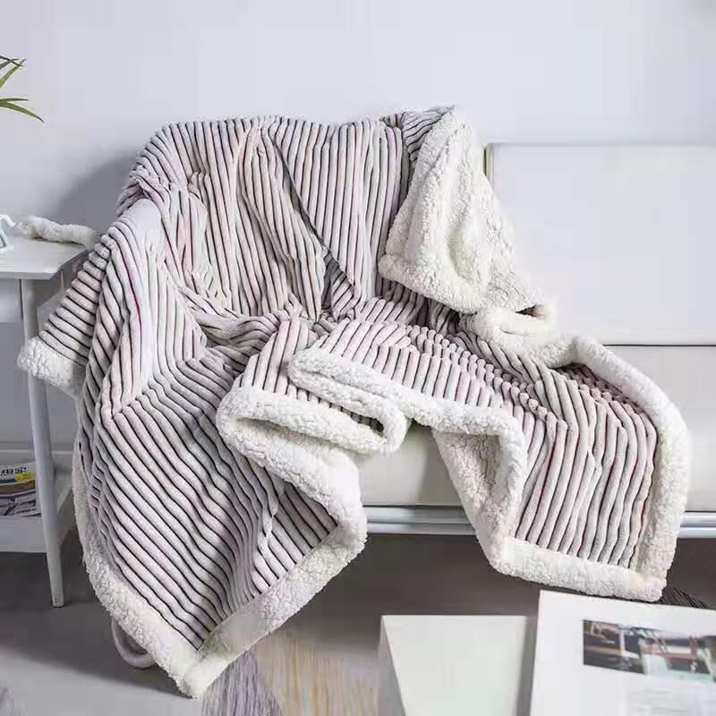 OEING Striped Flannel Coral Fleece Blanket