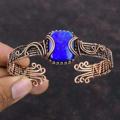 Lapis Lazuli Gemstone Bangle Copper Wire Wrapped Jewelry Adjustable Cuff Bracelet Copper Bangle Handmade Wire Wrapped Bangle Wedding Gifts