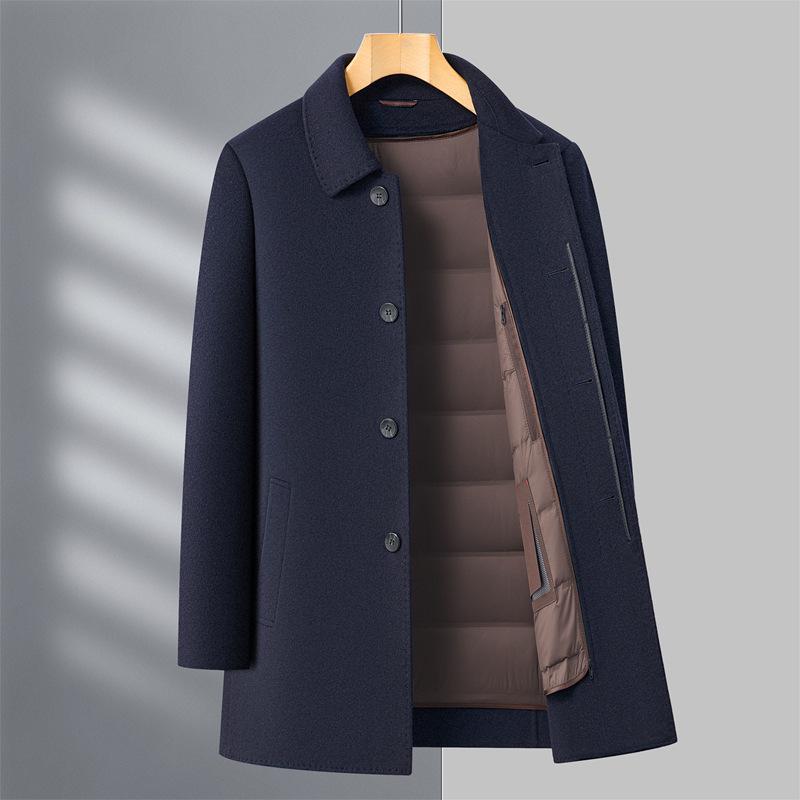 Men's Winter Woolen Overcoat with Detachable Down Liner, Double-Faced Wool, Regular Lapel for Middle-Aged Men.