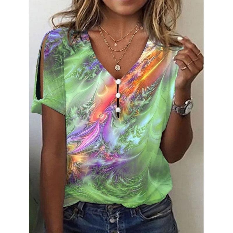 Women's Summer V Neck Buttons Tie Dye Printed Short Sleeve T-shirt Ladies Top