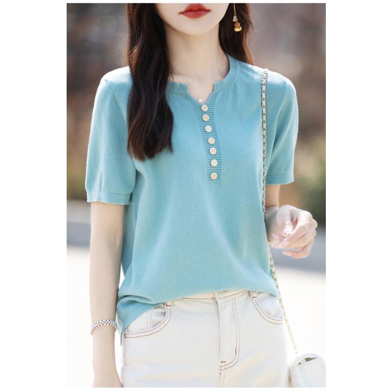New Summer Cotton V-neck Half-sleeved T-shirt for For Women Loose Solid Color Short-sleeved Multi-button Knitted Top