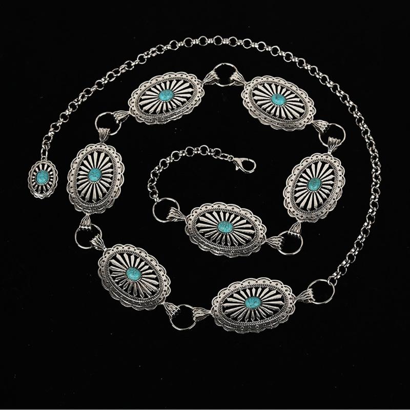 Metallgürtel im Ethno-Stil für Damen Damenkleidgürtel mit geschnitzter Türkisschnalle Damen Abschlussball Partykleid Taillenkordel