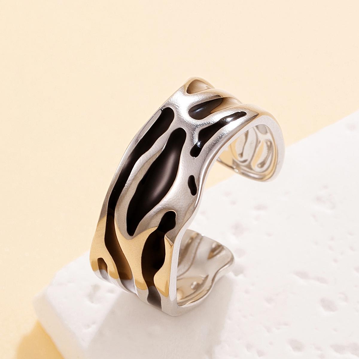 Personality Retro Irregular Black  White Enamel Drip Wide Stainless Steel Ring